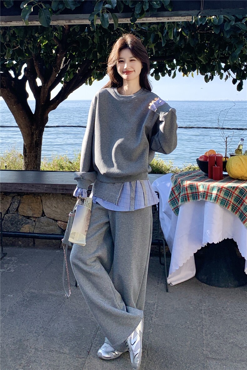 韩系慵懒休闲风格纹拼接卫衣套装女2026春季阔腿裤时尚减龄两件套,女装套装/套裙,艾米莉亚
