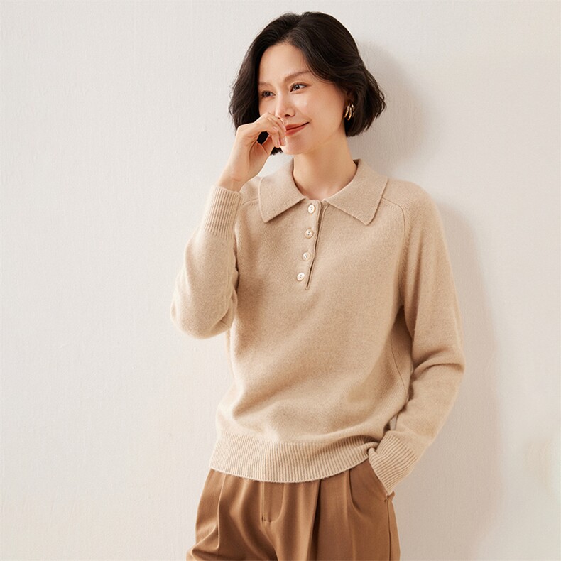 秋冬季新款舒适显瘦时尚百搭七针Polo领35%羊绒衫,女装羊绒衫,伊绒腾羊绒