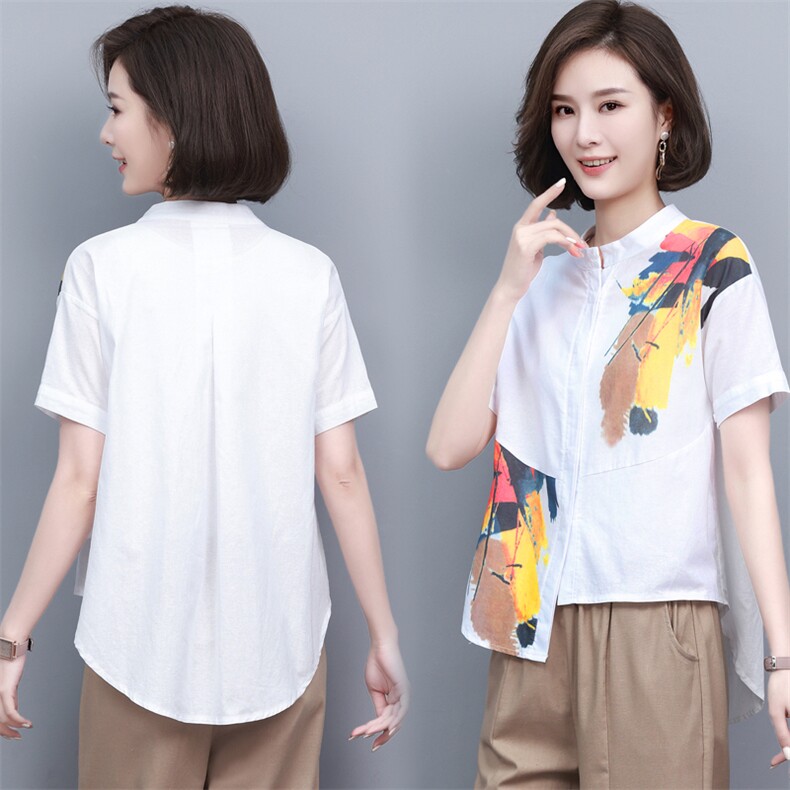 (新款)2024夏棉麻T恤水墨画复古中老年妈妈装衬衫女三年不下架,女装T恤,璐依舞
