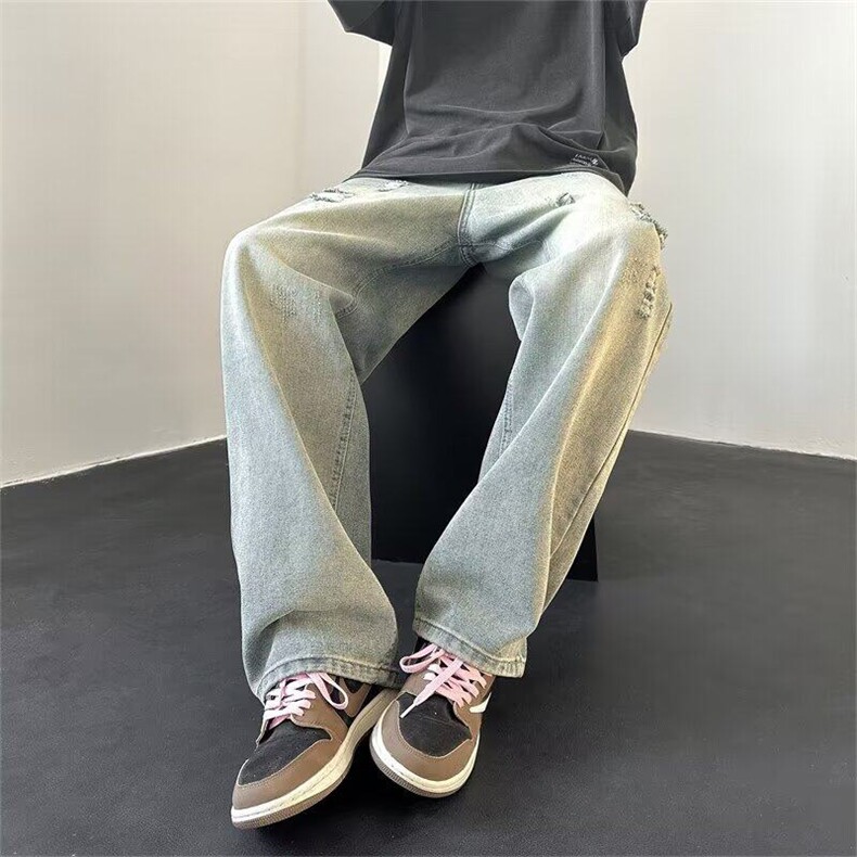 美式复古牛仔裤男青少年水洗做旧休闲直筒裤高街潮牌宽松破洞裤子,男装牛仔裤,星座506A