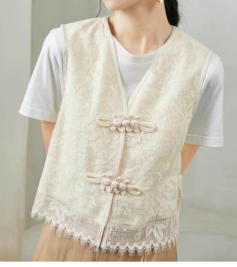 现货夏新款复古盘扣蕾丝马甲，女装马甲，觅处