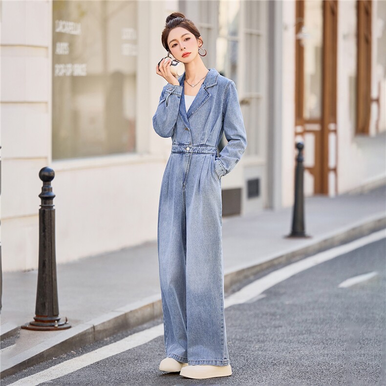 （新款现货）2026春装时尚显瘦西装领工装牛仔阔腿腰带连体裤女,女装连体裤,印象茜