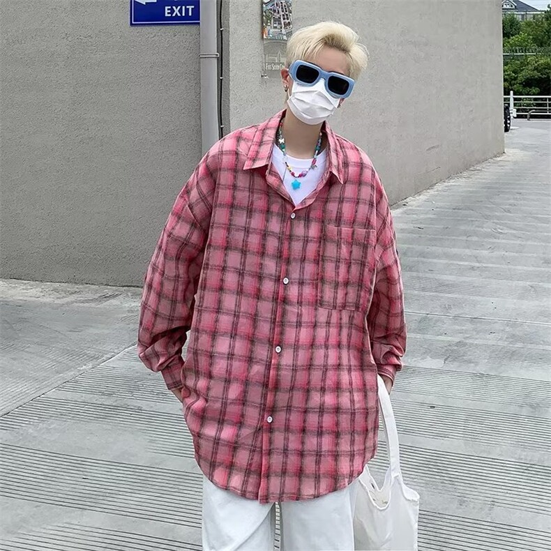 韩版褶皱防晒格子衬衫男生夏季休闲宽松轻薄透气长袖C8013-P45,男装防晒衣,星座1109-3