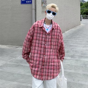 韩版褶皱防晒格子衬衫男生夏季休闲宽松轻薄透气长袖C8013-P45图片