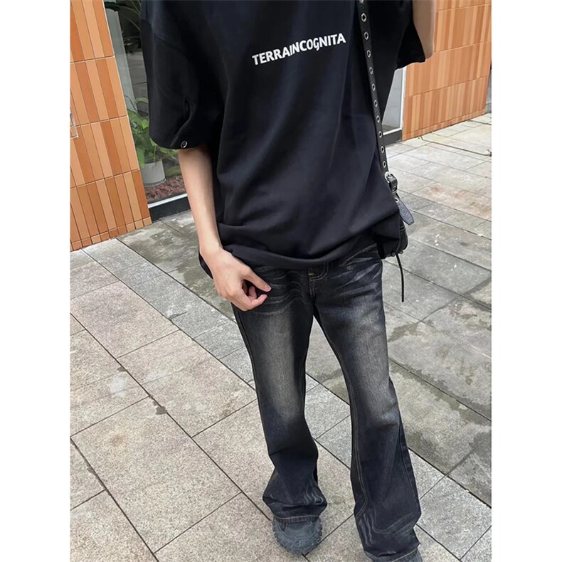 美式ins高街cleanfit重工艺水洗暗黑微喇牛仔裤货号K2401P60,男装牛仔裤,电商A063