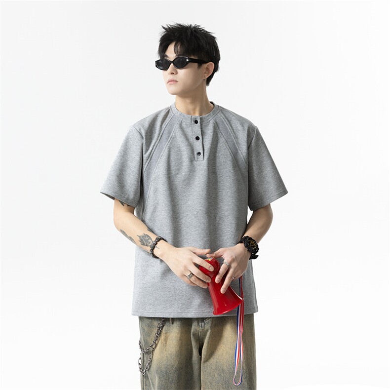 2025夏季新款港风日系纯色亨利领短袖T恤男潮XZ213-TX15-P35控58,男装T恤,星座213