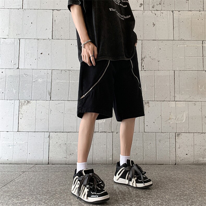 B221美式ins高街暗黑拉链休闲牛仔短裤五分裤LK23101-P60控78,男装牛仔裤,电商B221