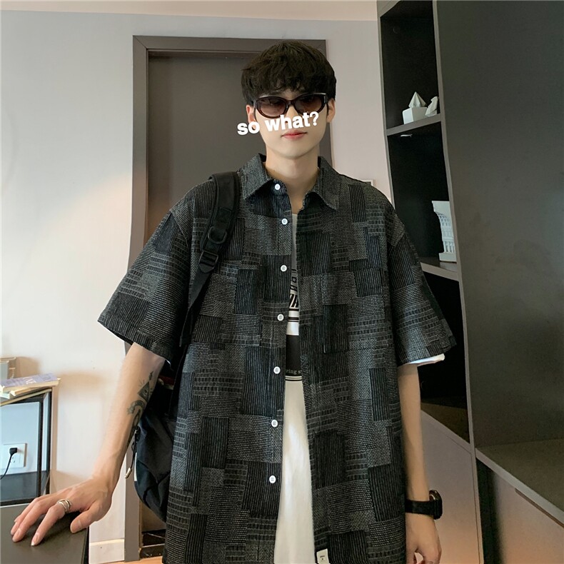 抖音品质夏季格子大码宽松牛仔衬衫复古短袖衬衣外套CS011-P50,男装衬衫,电商A042