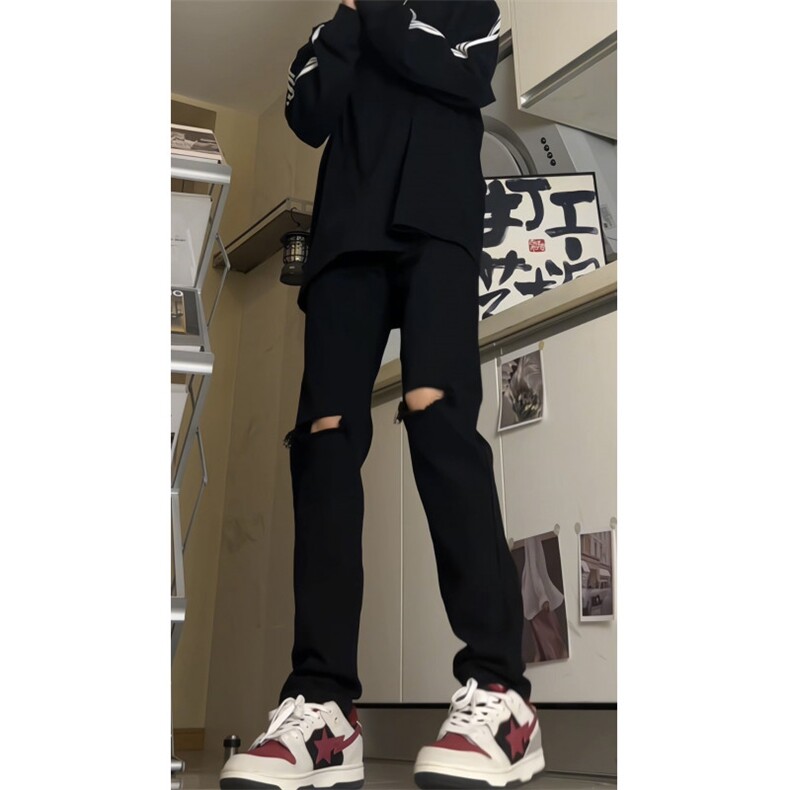 破洞牛仔裤男款春秋季美式高街潮牌cleanfit弹力修身显瘦小脚裤子,男装牛仔裤,电商D256-1(原A064-1)