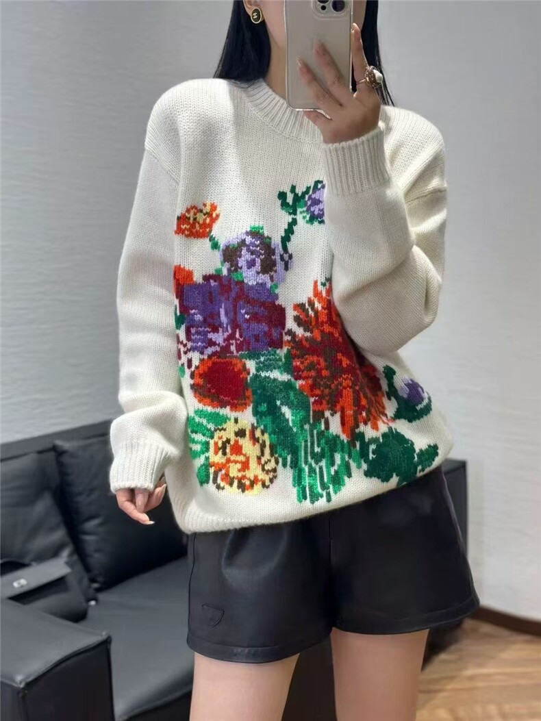 冬季新款山羊绒时尚软糯撞色牡丹花花朵刺绣针织衫女,女装羊绒衫,大千羊绒