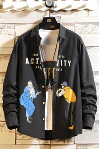 2021春秋季新款日系白墙男印花休闲宽松大码衬衫C551-P45图片