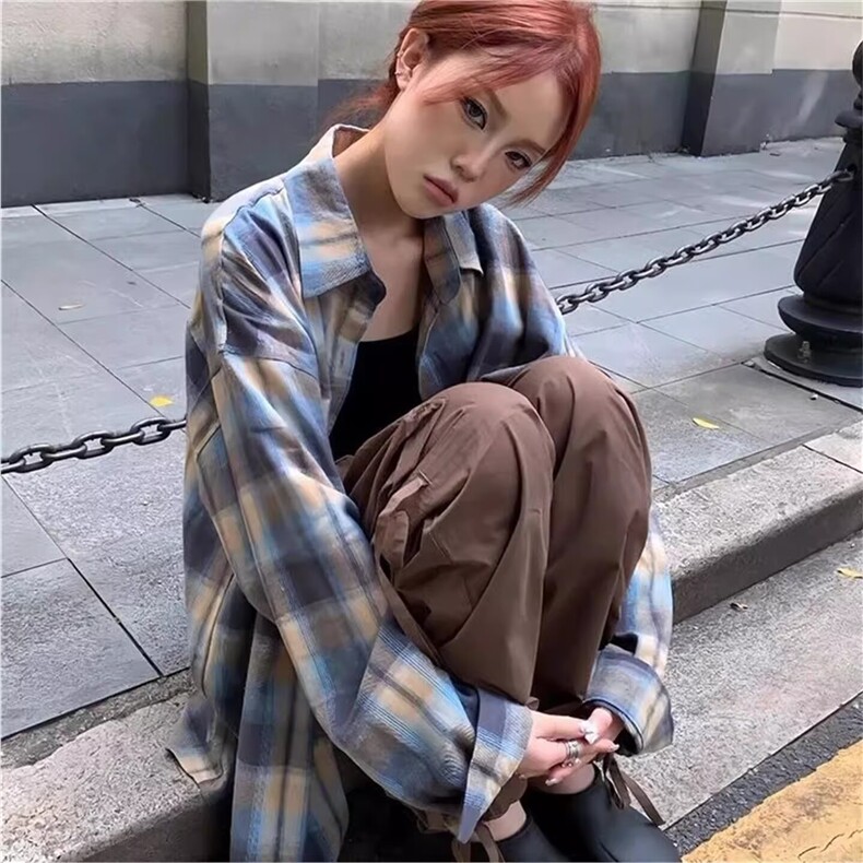 1403-P36美式复古格子衬衫2025秋季长袖休闲宽松港风潮流情侣装,男装T恤,电商B323A