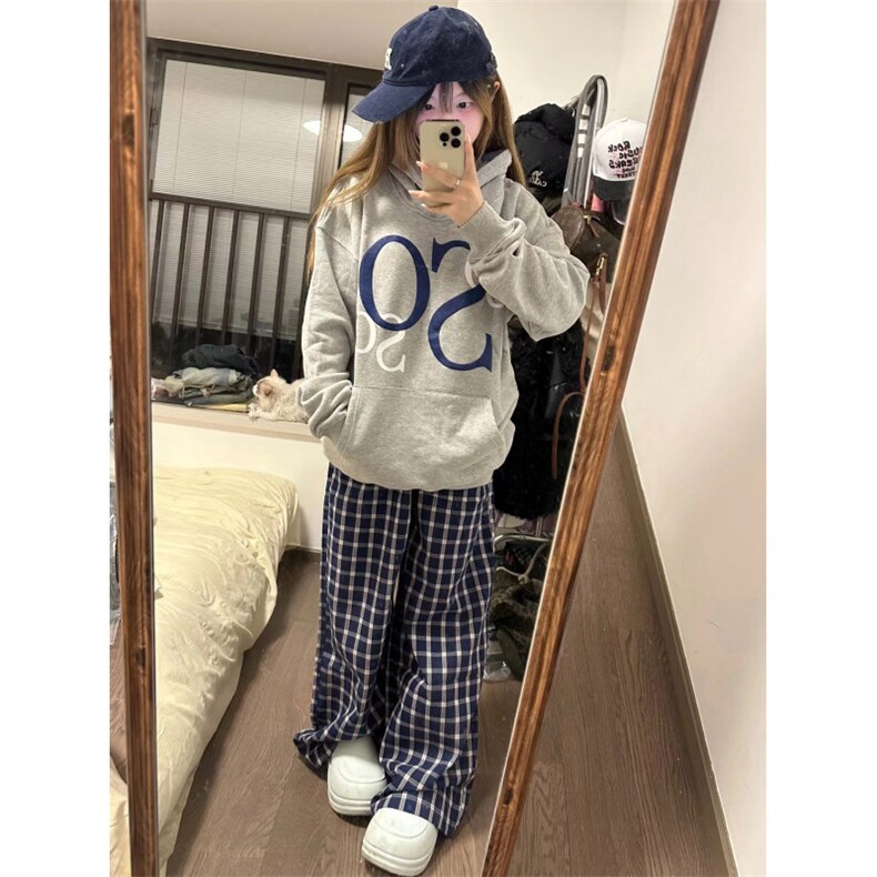 【有货】蓝色格子阔腿裤男女美式复古hiphop裤子宽松X814HH-特P50,男装休闲裤,星座1007（原301D）