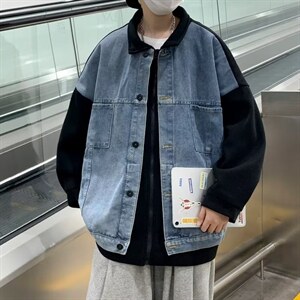 假两件牛仔外套男春秋潮牌设计感拼接港风J2100P80图片