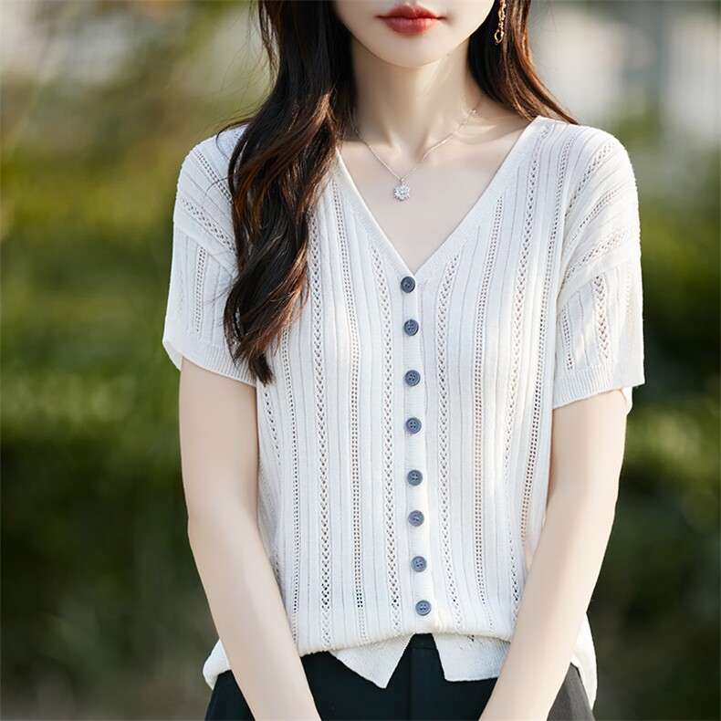 夏季新款女士简约时尚舒适天丝镂空开衫短袖，女装T恤，斯美雅电商供货