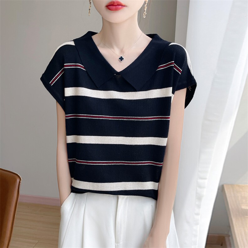 夏季新款莱赛尔天丝polo领宽条纹短袖女宽松百搭显瘦时尚休闲上衣,针织衫/毛衣,暖娇绒