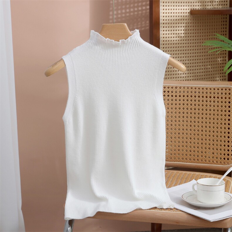 2025夏季新款木耳边蕾丝无袖针织t恤上衣半高领法式花边吊带背心，女装背心吊带，暖姿羊绒