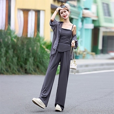 欧货高级感时髦洋气遮肉显瘦韩系防晒衣高腰拖地直筒裤三件套女夏，女装套装/套裙，C位