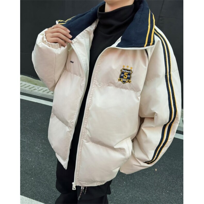 美式复古撞色织带翻领棉衣棉服男冬季加厚情侣面包服外套M9092图片