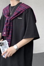 8XL-M潮情侣美式拼接打结格子假两件短袖宽松纯棉T恤男DX338，男装T恤，电商D206-1