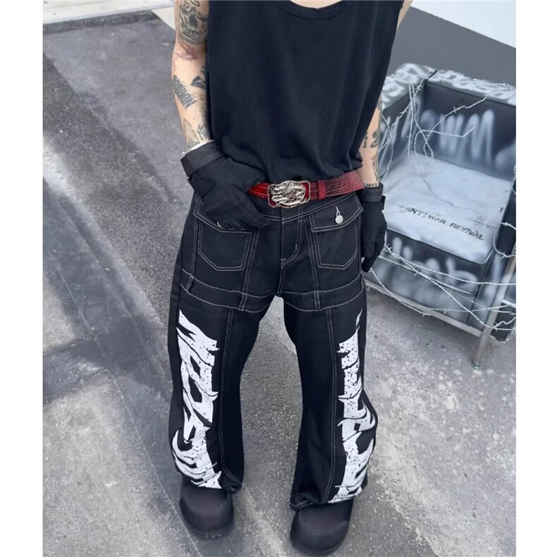 美式高街牛仔裤男女春秋季款复古设计感宽松直筒阔腿裤子潮百搭款,男装牛仔裤,星座302B-2