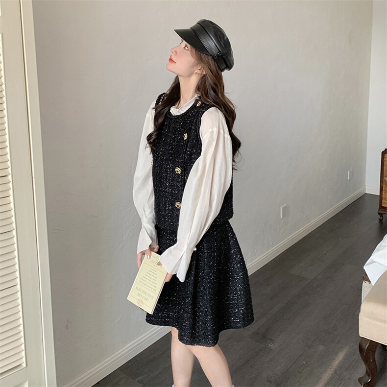 法式小香风黑色马甲短裙套装女2025年春秋季新款高级感显瘦两件套,女装套装/套裙,2C088