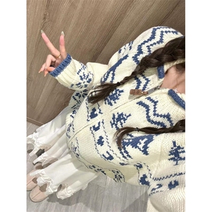 费尔岛圣诞提花毛衣开衫女冬季新款设计感拉链针织衫外套 M3303图片