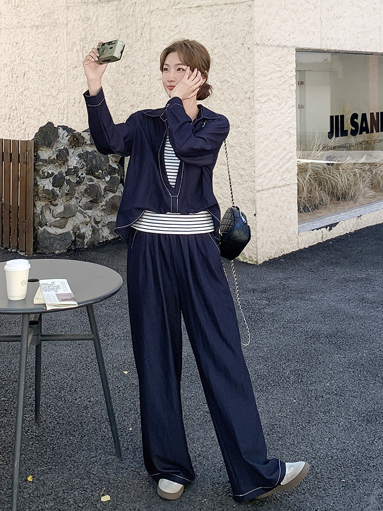 韩剧藏青色休闲衬衫运动套装女秋2025新款条纹吊带ootd穿搭三件套,女装套装/套裙,浙宝192（原082）