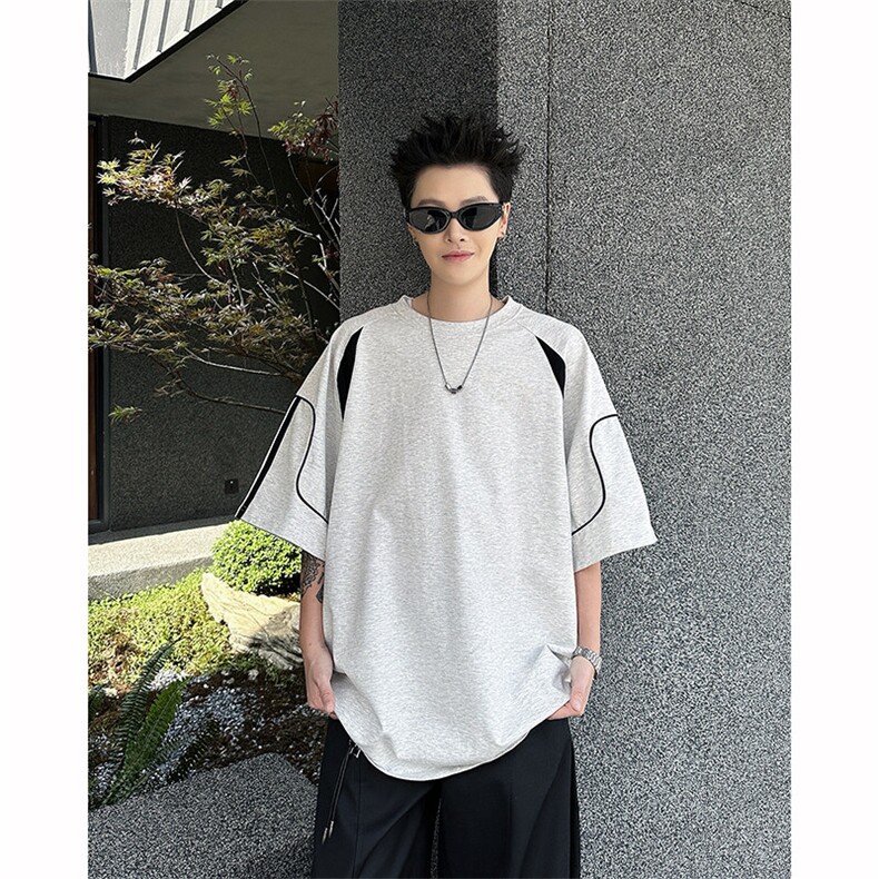 8XL-M美式小众高级感拼接短袖T恤男夏简约百搭宽松纯棉上衣DX336,男装T恤,电商D206-1