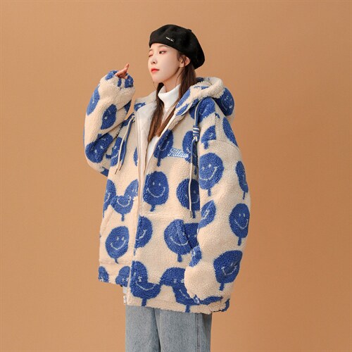 羊羔毛中性风韩版笑脸加厚连帽棉衣棉服216-2-BK51-P128控158,女装棉衣/棉服,星座716-1
