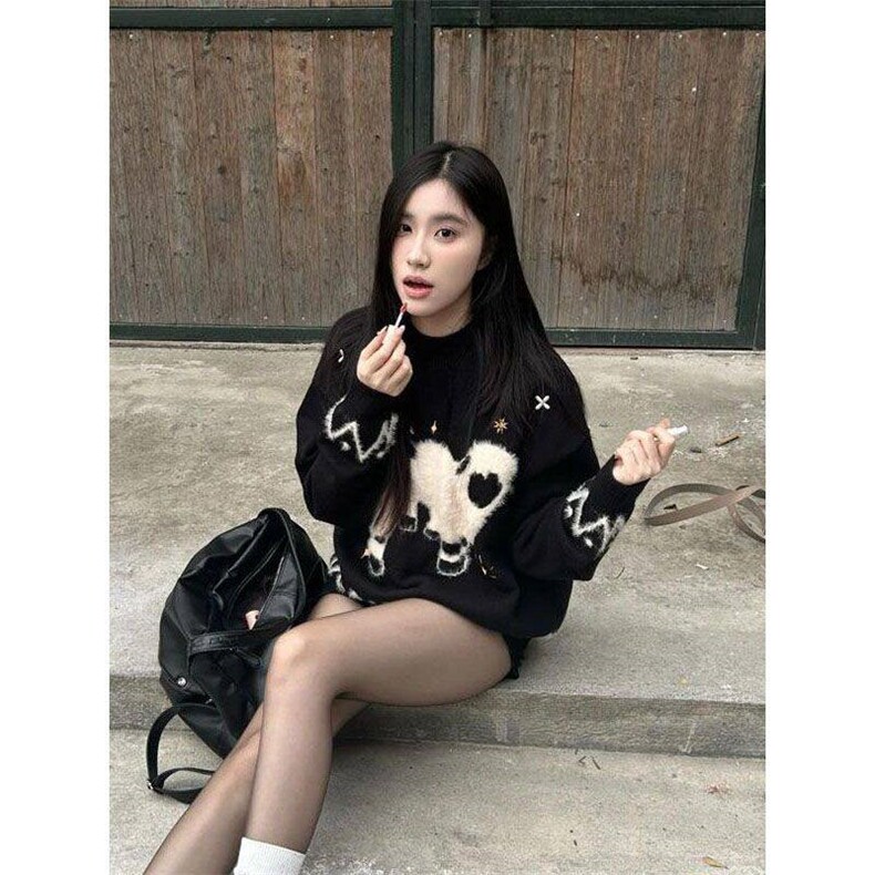 美式甜辣妹高级氛围感小羊提花黑色毛衣女秋冬季百搭圆领针织上衣,男装针织衫/毛衣,星座506A