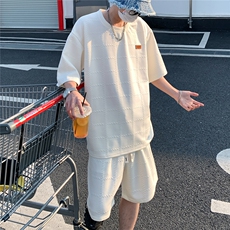 2026夏短袖冰丝T恤格子套装大码纹理提花五分袖TZ5699/特P50杏2，男装T恤，电商A094