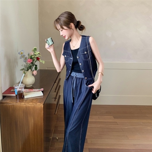 深蓝色牛仔马甲时尚套装女2026夏季新款韩版宽松休闲阔腿裤两件套图片