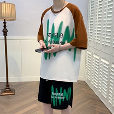 新款夏季短袖t恤套装冰丝透气港风宽松运动青少年男装TZ323P48，男装休闲套装，电商A086