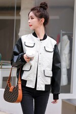 PU皮拼接假两件菱格棒球服女2022秋季新款时尚百搭纯色立领短外套，女装短外套，辉之琳