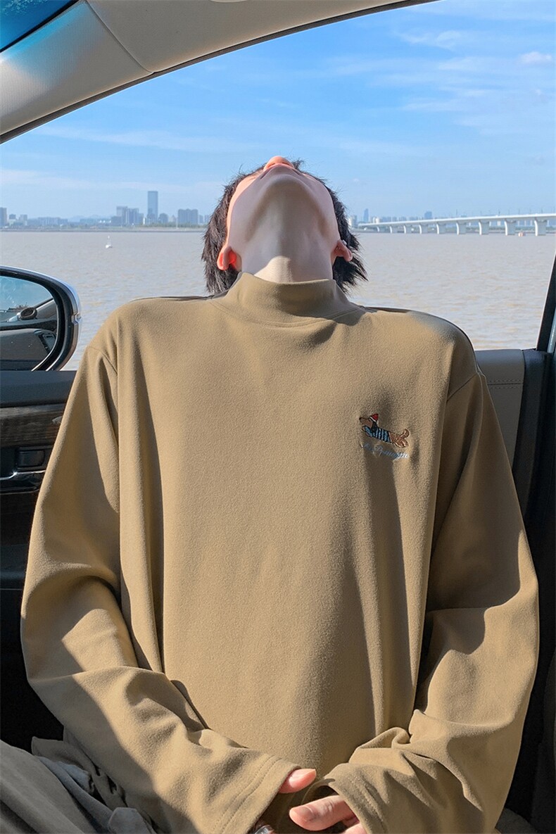 港风复古腊肠狗刺绣舒适德绒半高领宽松长袖T恤男T5402-特P20控38,男装T恤,电商A001-1