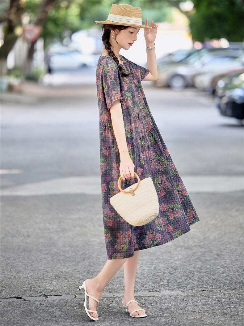 休闲宽松紫色碎花棉麻连衣裙女2026夏季洋气妈妈遮肚显瘦直筒裙子,女装连衣裙,倪叶myz