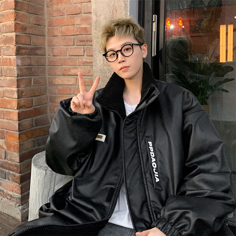 特批P100无差价冬贴标PU皮立领棉服男加棉加厚机车服皮衣外套M91,男装棉衣,电商A001
