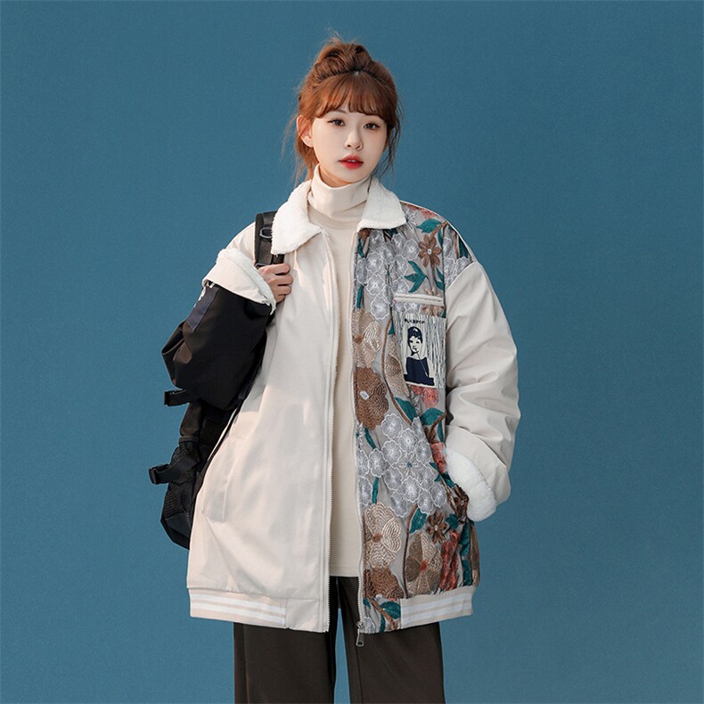 1中性风刺绣拼接翻领羊羔毛大码M-5XL棉服外套女8723P110控148,男装棉衣,星座226-2