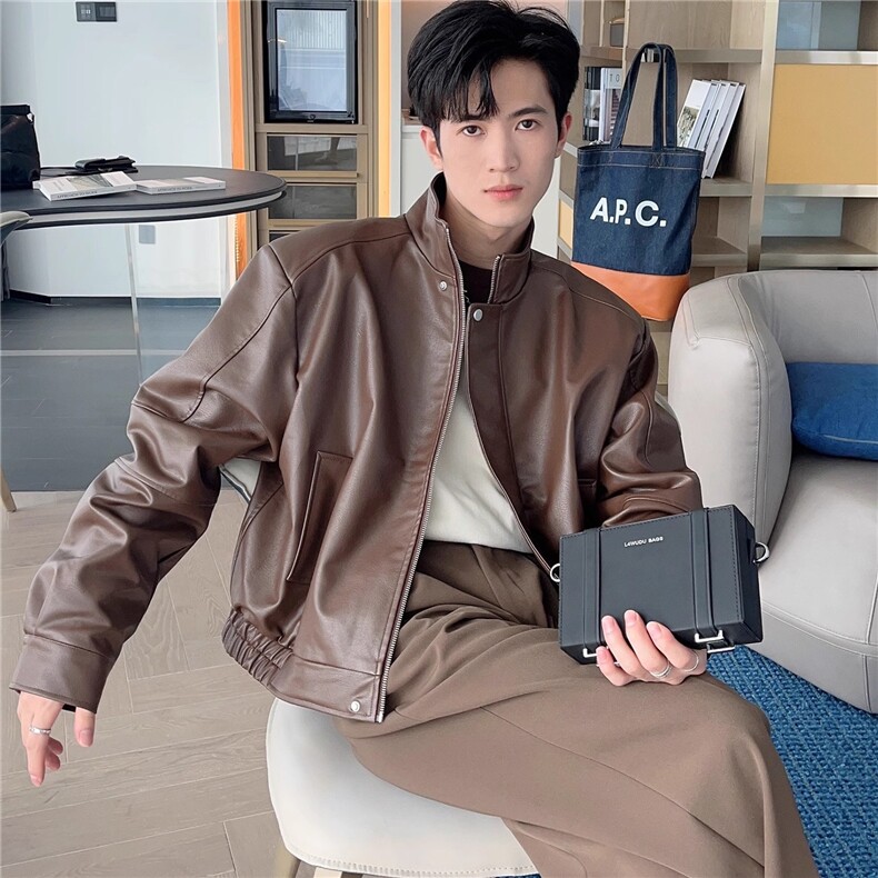 小众垫肩夹克外套男廓形翻领短款pu皮衣拉链外套复古W6781-P72,男装皮衣,星座412-1