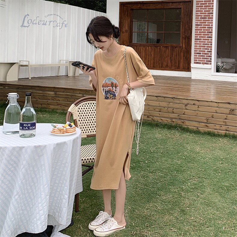 法式减龄慵懒风T恤连衣裙女2025夏季新款韩版宽松显瘦甜美长裙子,女装连衣裙,2C206
