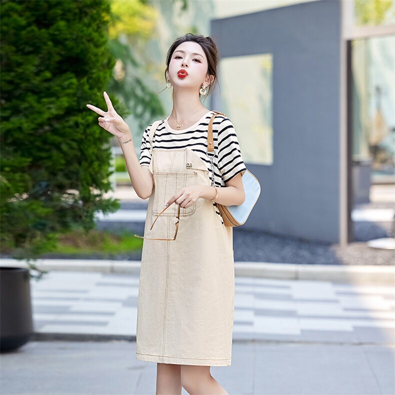 全棉舒适假两件条纹背带裤连衣裙，女装连衣裙，辰辰家