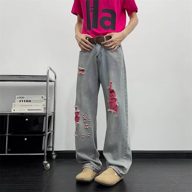 潮牌高端破洞牛仔裤男款美式高街做旧潮流宽松直筒休闲百搭长裤子,男装牛仔裤,星座1210-1