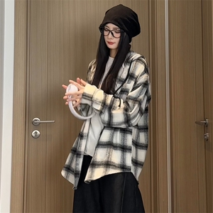 J5025/特P45秋装新款格子连帽衬衫外套男女2025年慵懒风休闲上衣图片