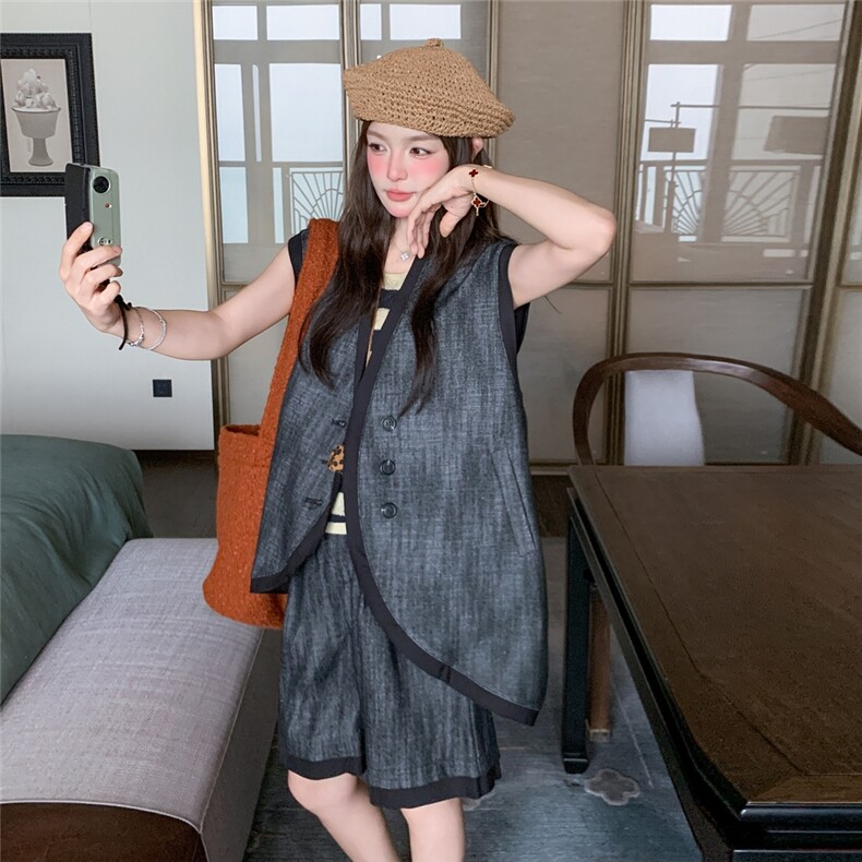 设计感韩版慵懒风不规则马甲套装女夏季2025新款小个子短裤两件套,女装套装/套裙,2C216