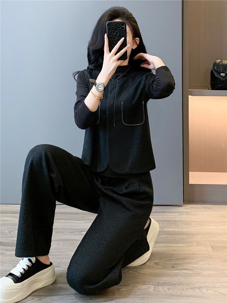 休闲运动套装女秋季新款显瘦马甲外套内搭深灰打底衫阔腿裤三件套,女装套装/套裙,江南