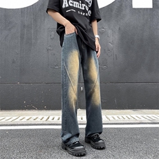 美式复古水洗做旧牛仔裤男高街宽松直筒潮牌痞帅微喇裤子C400-P45，男装牛仔裤，星座1008