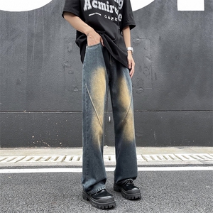 美式复古水洗做旧牛仔裤男高街宽松直筒潮牌痞帅微喇裤子C400-P45图片
