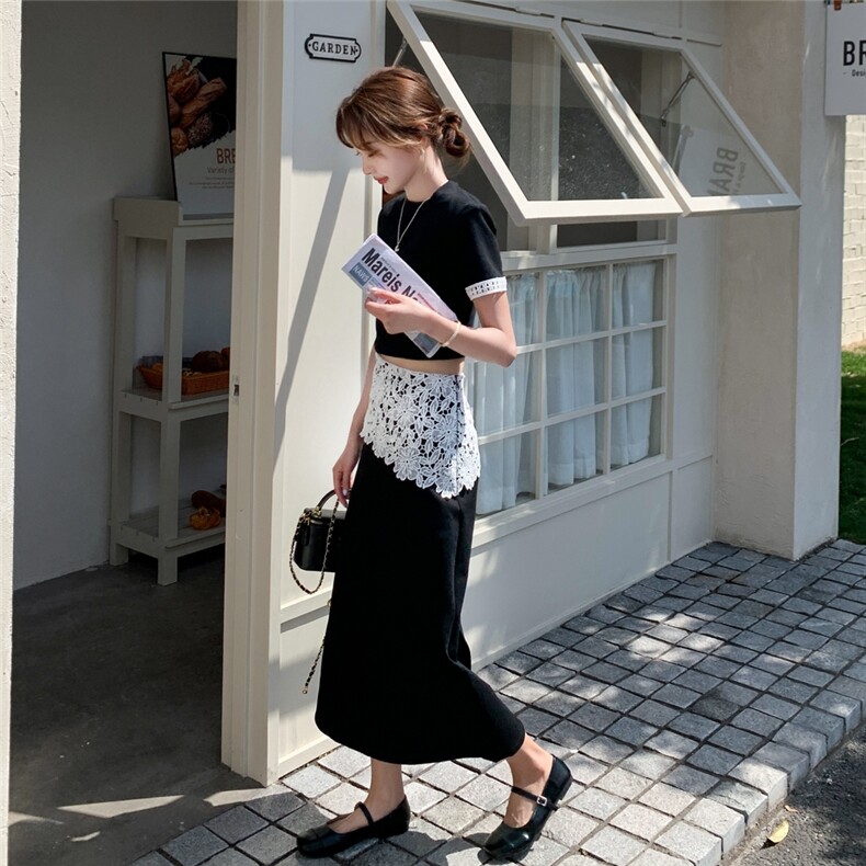 时尚套装包臀裙气质夏季开叉蕾丝短裙女装拼接半裙短袖显瘦高腰,女装套装/套裙,2D148