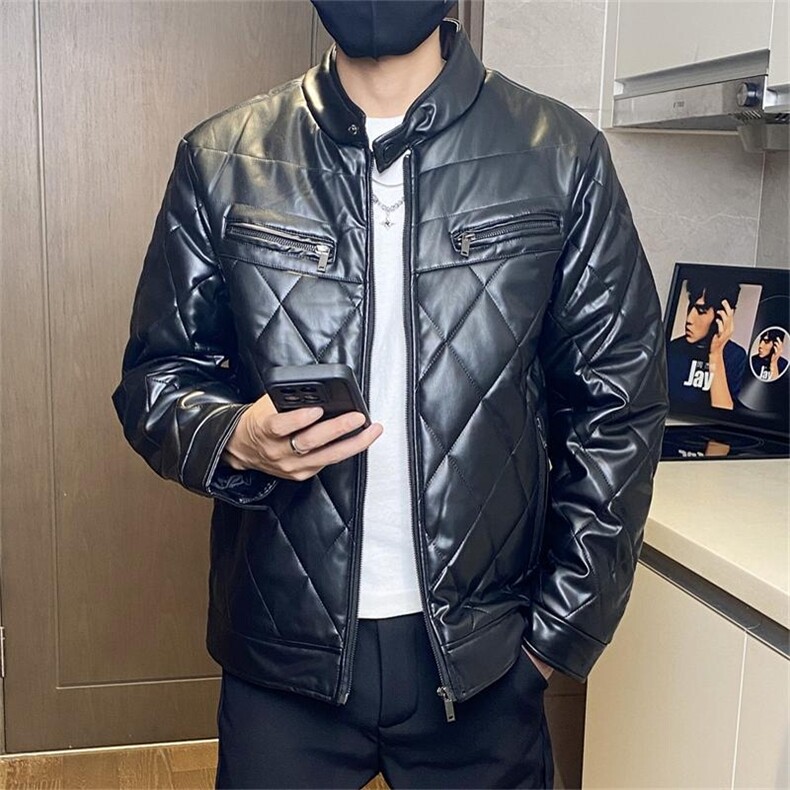 68708-P115菱形格高级感PU皮棉服男保暖防风机车棉衣工装棉袄潮图片